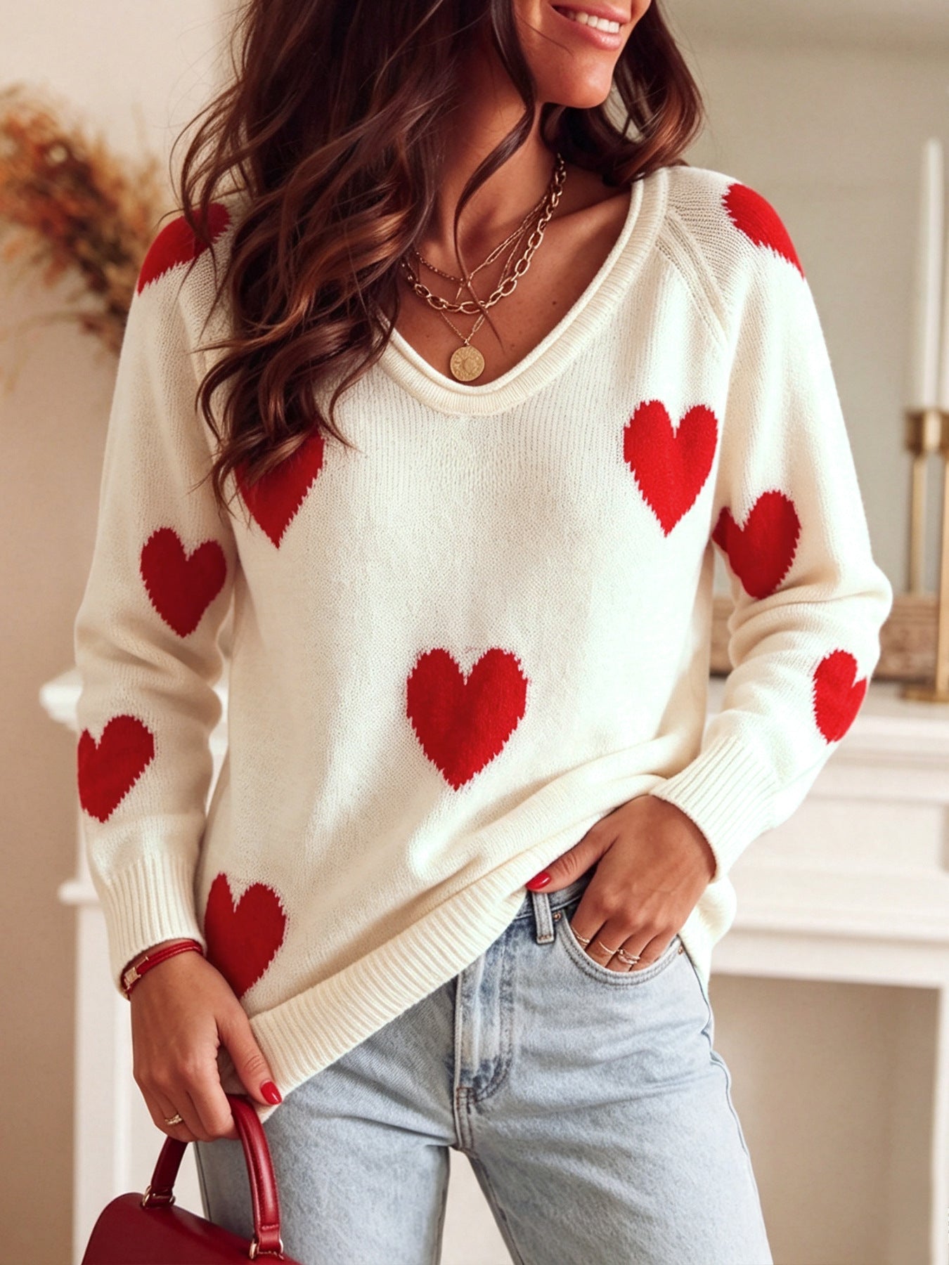 Crème Casual Overzied Blanc Tout sur le coeur rouge Pattern longue manches tricot dessus pour les femmes