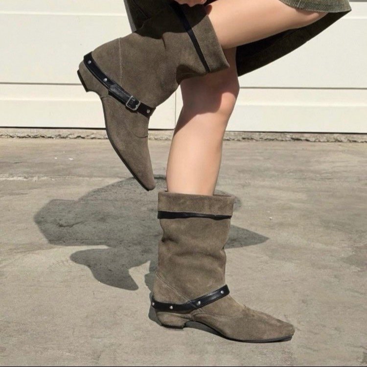 Femmes pointu Toe Suede Slouch Mid Calf Bottes Vintage rivet Buckle Strap Western Cowboy Bo