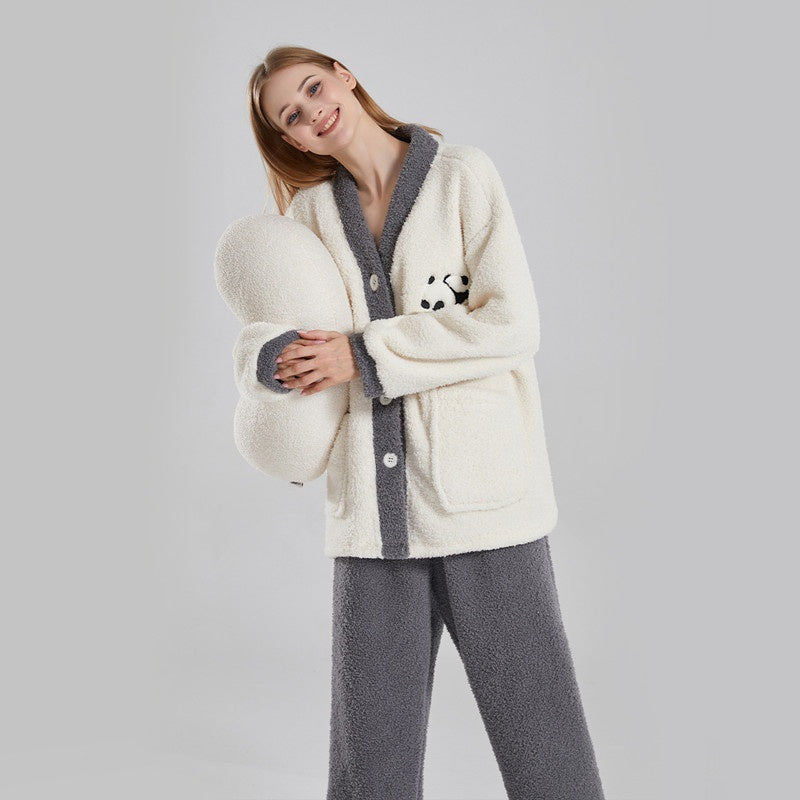 Couple Pyjamas Femmes Coral d'hiver polaire épais vêtements occasionnels demi velours bande dessinée
