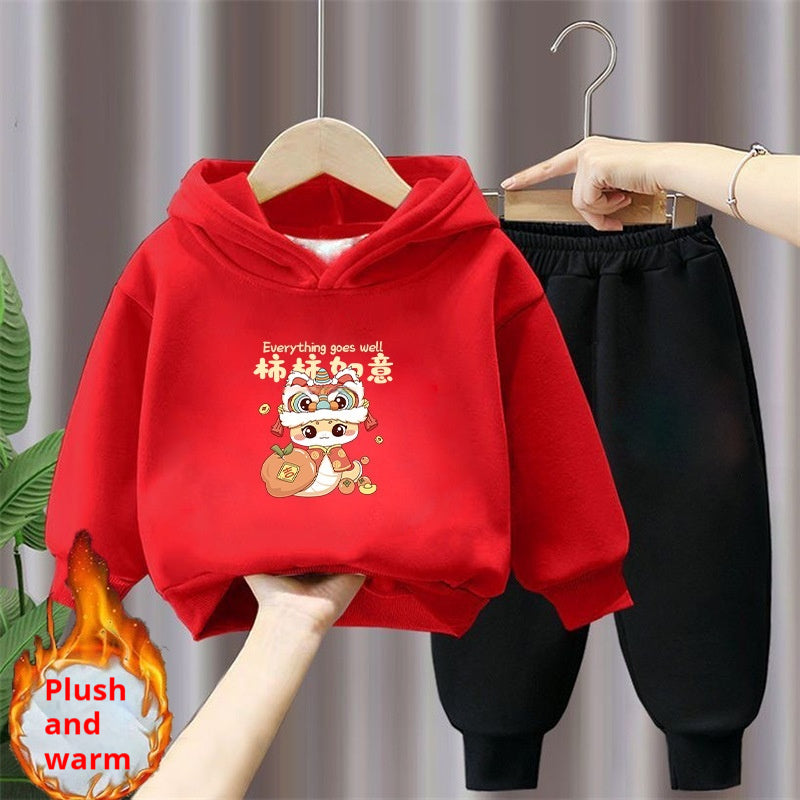 Ensemble de deux pièces à capuche et à sweatpants rouge festifs de style chinois doublé de polaire