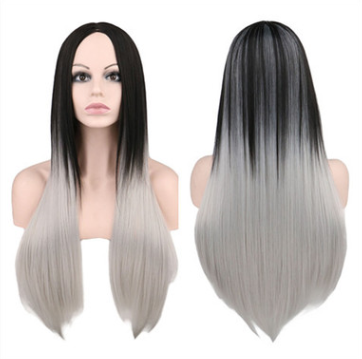 Wig 68cm long straight hair for women black gray gradient color high temperature synthetic fiber