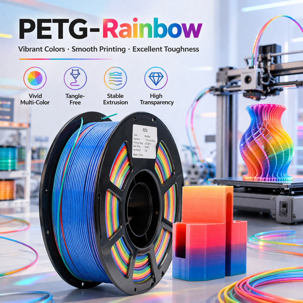 Rainbow Gradient PETG Filament pour imprimantes 3D