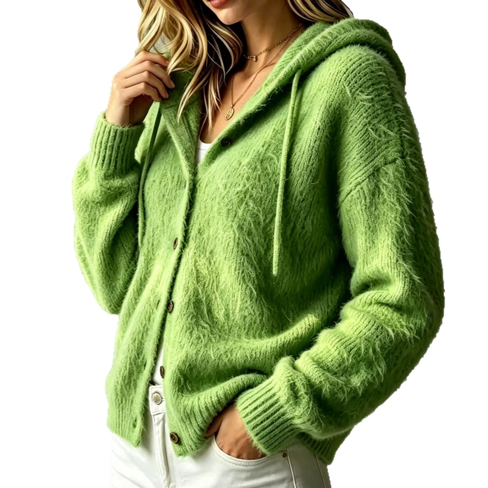 Transfrontaliers Amazon Autumn Hiver Fluffy Mink-like Faux Fur Hooted Open Cardigan Women's C