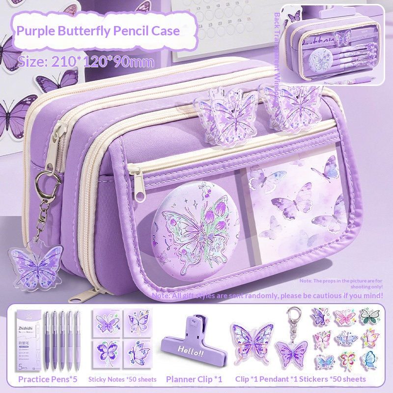 Ensemble de boîtier en crayon violet papillon de grande capacité