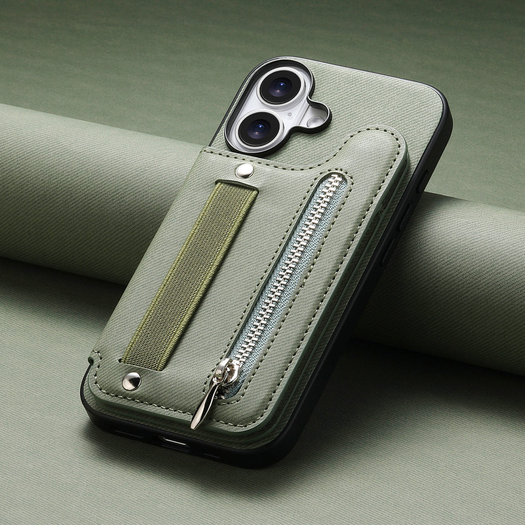 Etui de téléphone en cuir avec support et fermeture éclair