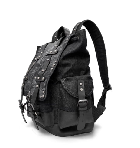 Sac à dos en denim brûlé au laser avec rivets en cuir véritable et fermoir de homard