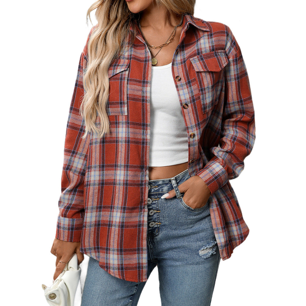 Autumn And Winter European and American Clothing Casual Fashion Loose Plaid Pocket Shirt F