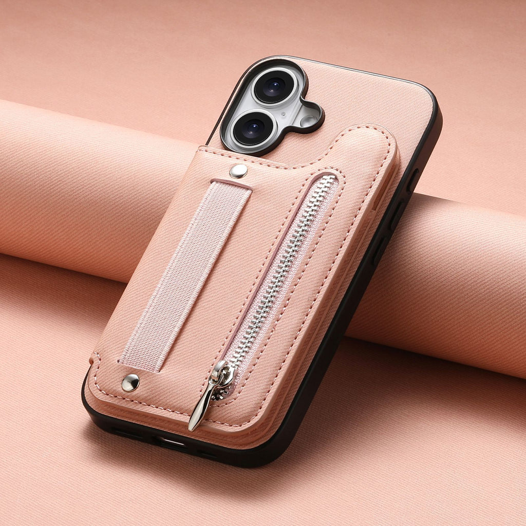Etui de téléphone en cuir avec support et fermeture éclair