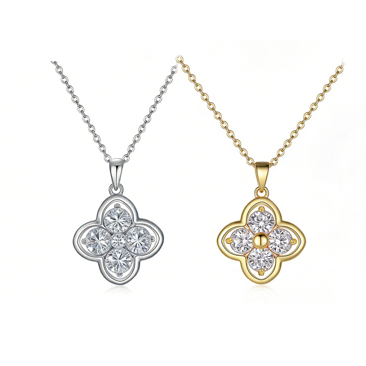 S925 Argent Sterling 4pcs 5mm rond Moissanite collier de trèfle 45cm plaqué or platine G