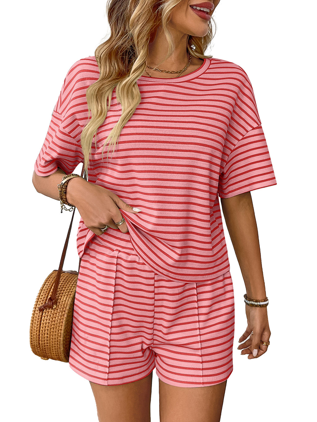 Women's Summer Knit Striped Mode Casual Shorts Ensemble sportif