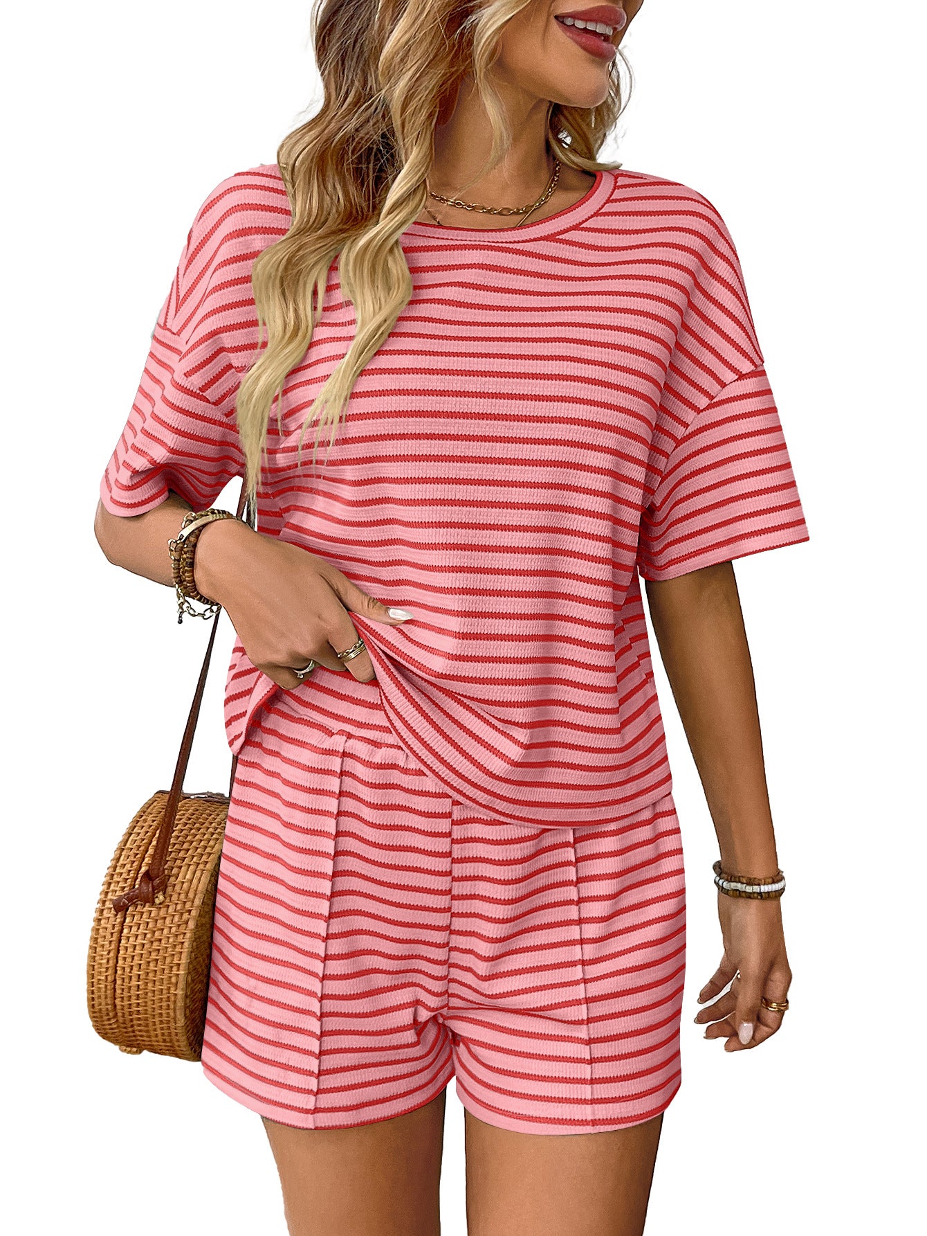 Women's Summer Knit Striped Mode Casual Shorts Ensemble sportif