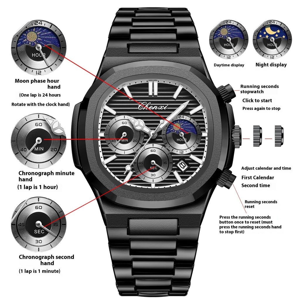 Multifonctionnel True Three Yeux montre homme à six broches