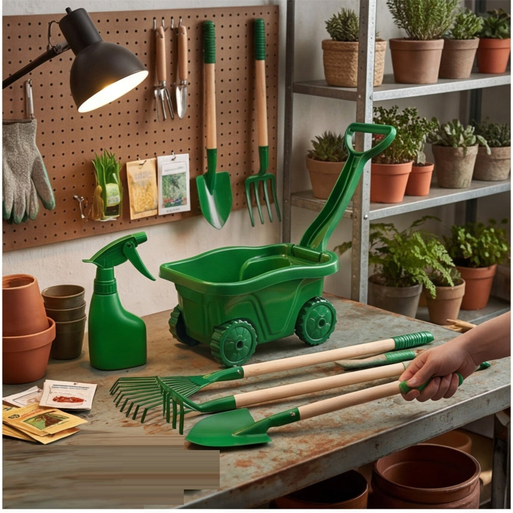 Ensemble d'outils de jardin vert à 7 pièces avec brouette pour jardinage et fournitures de fête