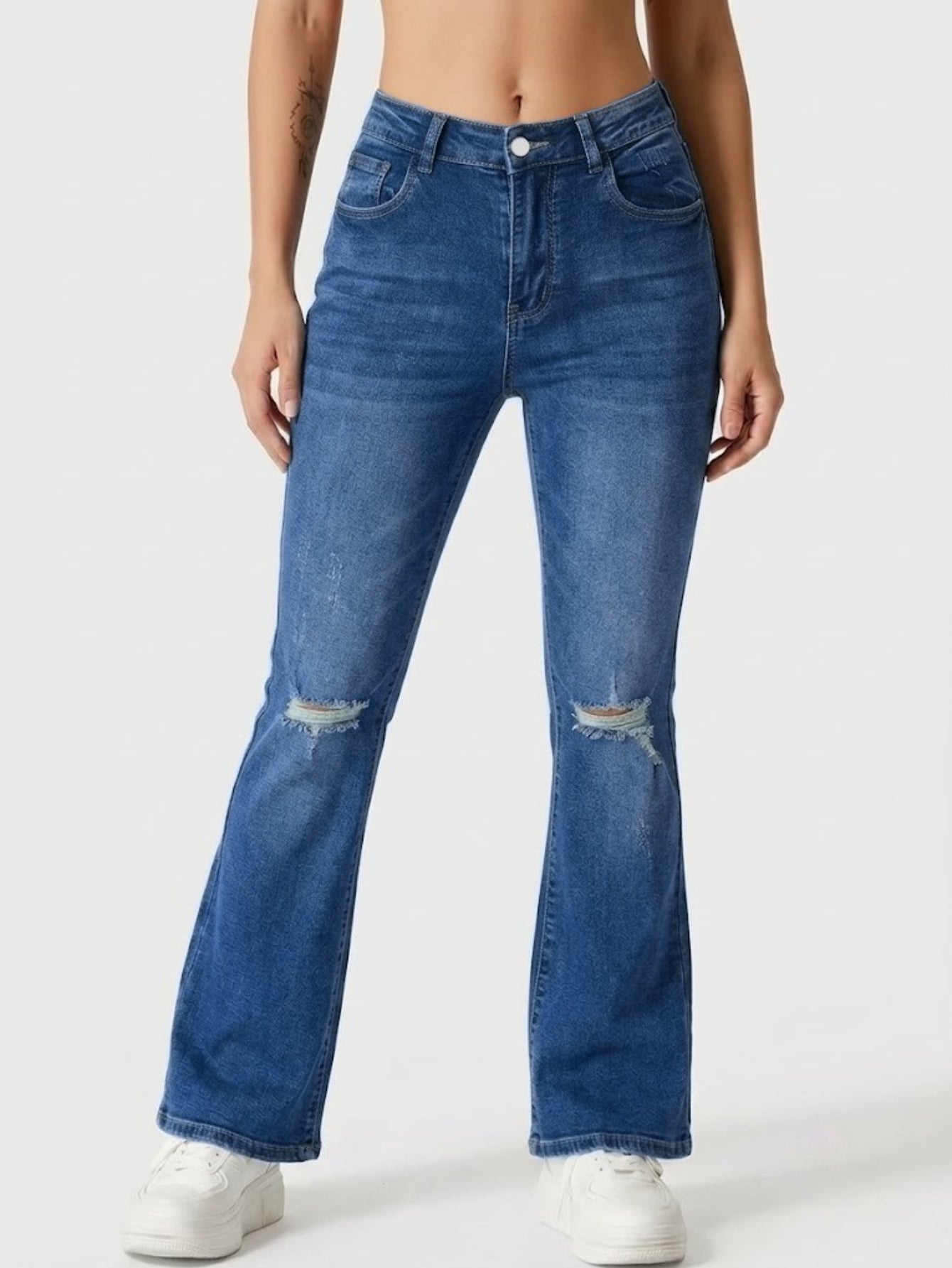 Femelle haute de la taille Knee Ripped Flare Denim Jeans Stretch Slim Floor-Length Pantalons Pour