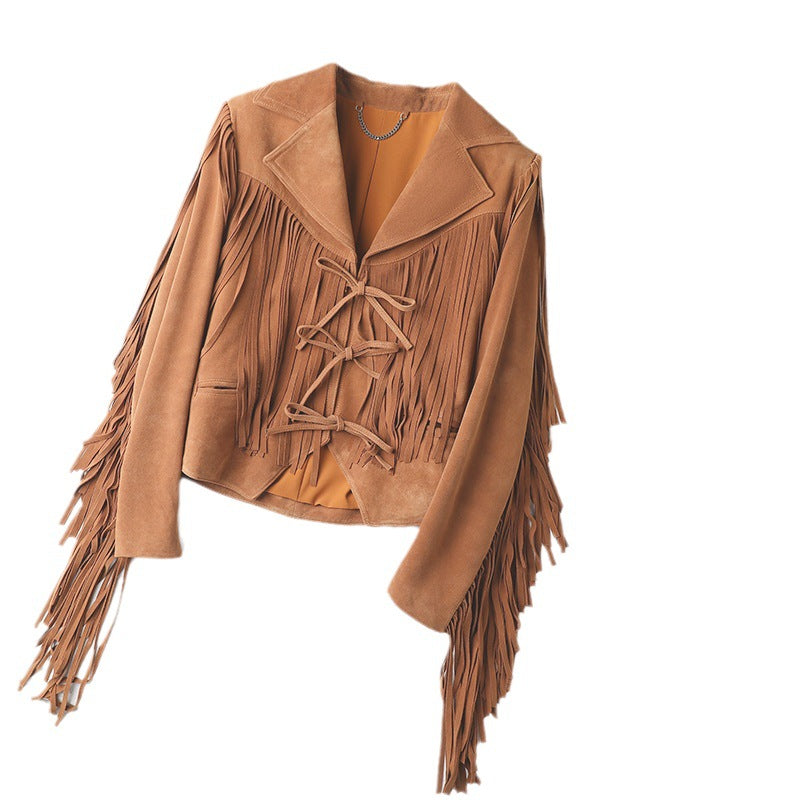 Veste de moto courte en cuir véritable Suede Lapel Tassel