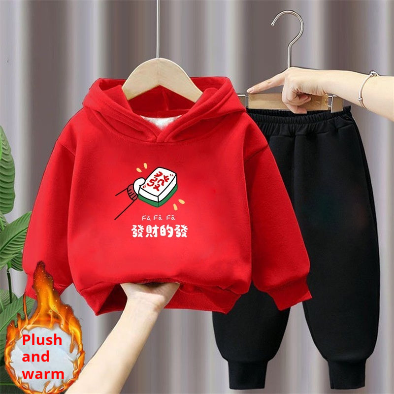 Ensemble de deux pièces à capuche et à sweatpants rouge festifs de style chinois doublé de polaire