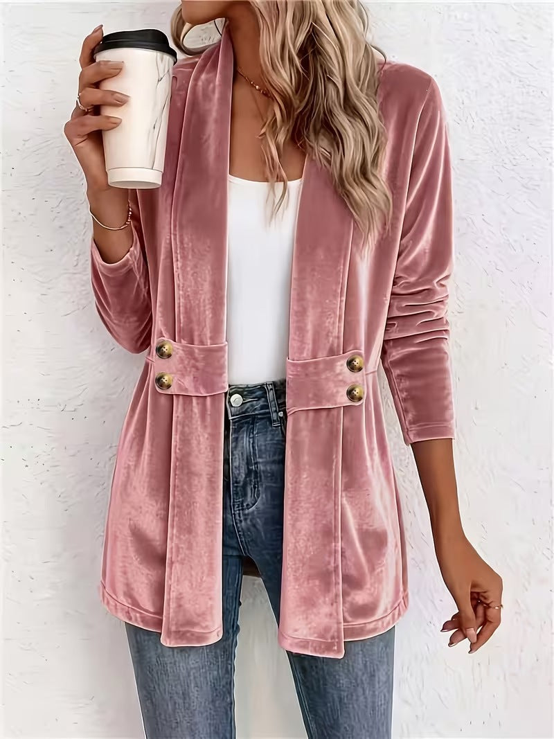 Femmes Velvet Ouvert Cardigan Avant Manches Longues Double Bouton Décor Vêtements de dessus Casual