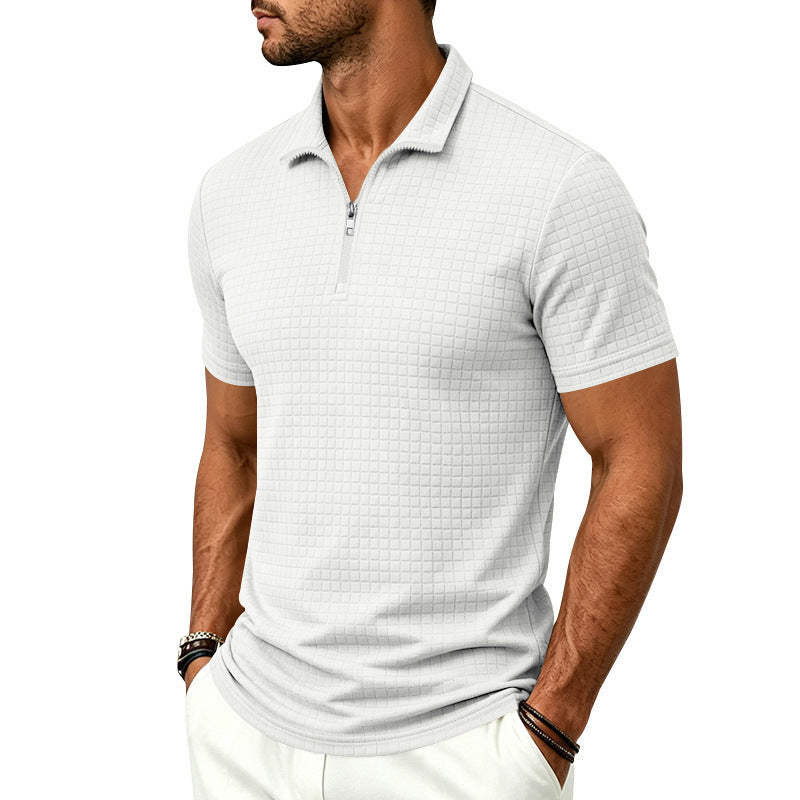 Homme Jacquard Plaid Relaxed-fit Stand-collar Polo manches courtes