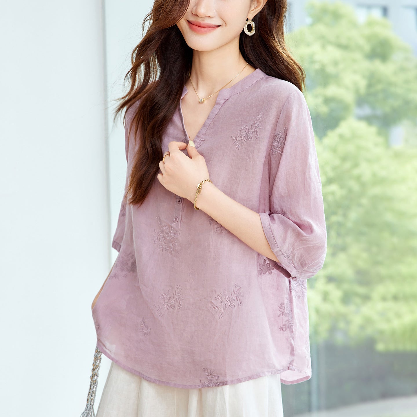 Chemise classique de style chinois en V-col d'été