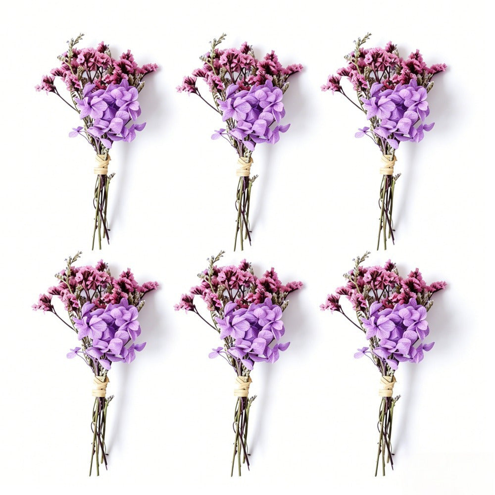 Set de 6 Mini Bouquets de fleurs séchées pourpre avec des Hydrangeas et des Verts de remplissage