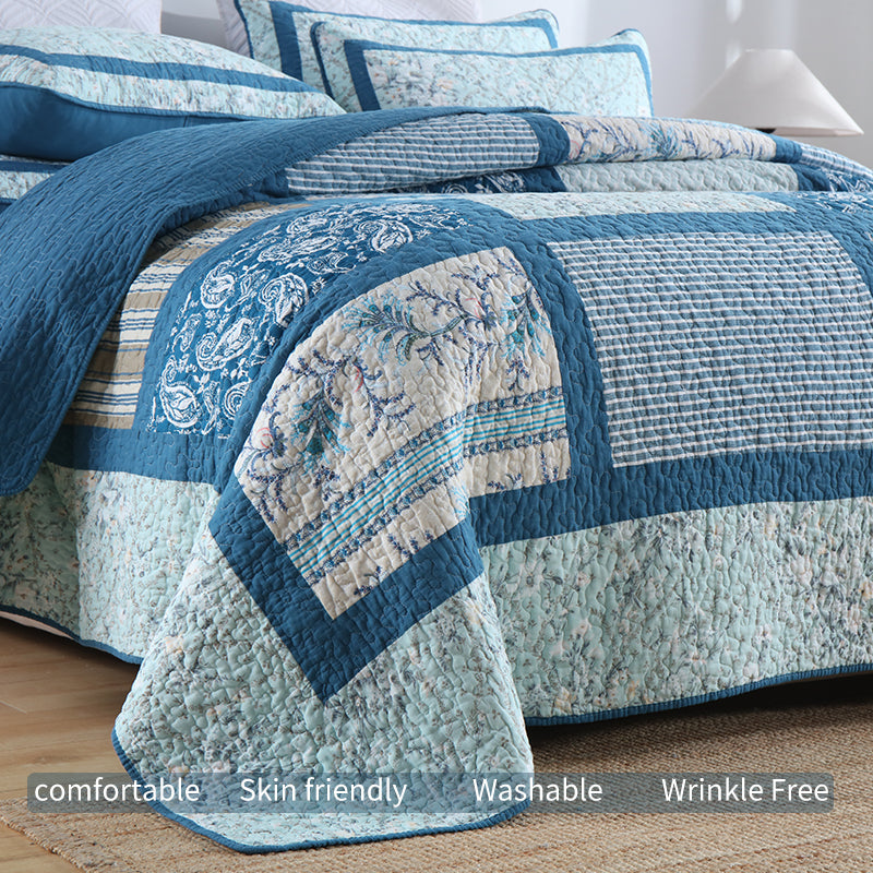 90x98 & 98x106 3 pièces Teal Blue Patchwork Comforter Set Paisley Floral Stripe Print