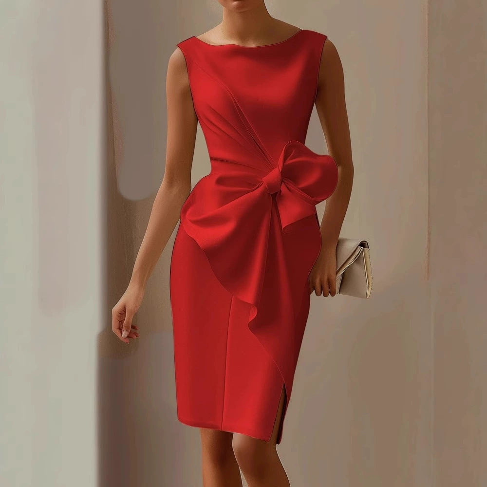 European And American Women's Bow Décoration Robe sans manches Robe courte S