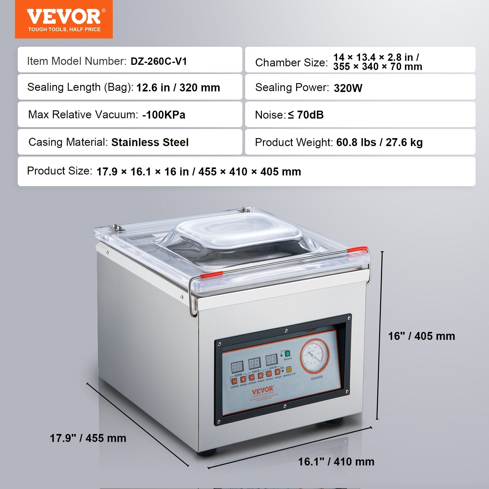 VEVOR Chambre Aspirateur Sealer DZ-260C Chambre de cuisine Aspirateur Sealer