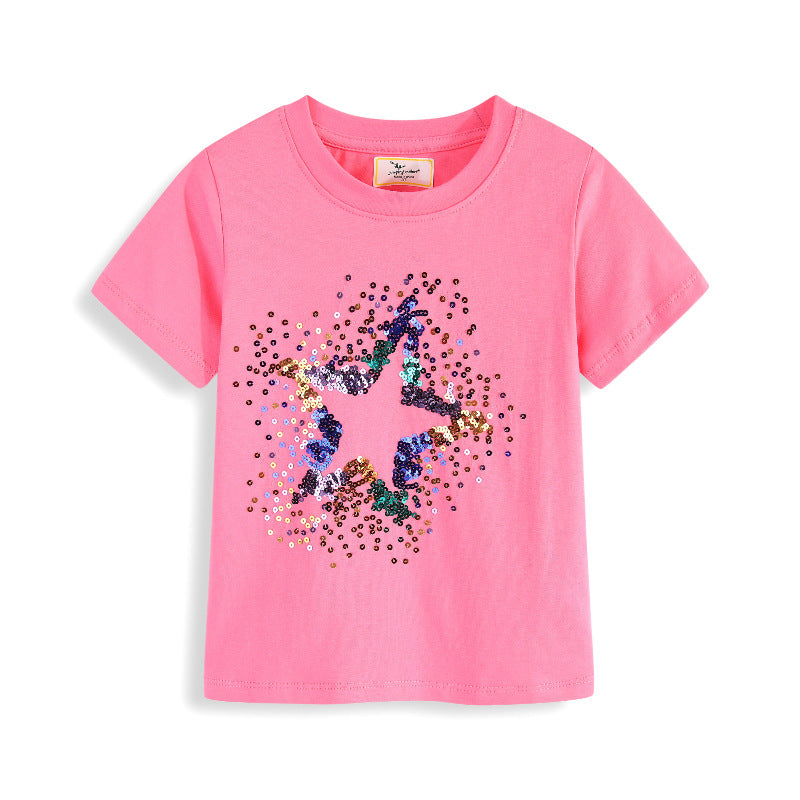 Tee-shirt à manches courtes pour filles à cinq points de paille brodé