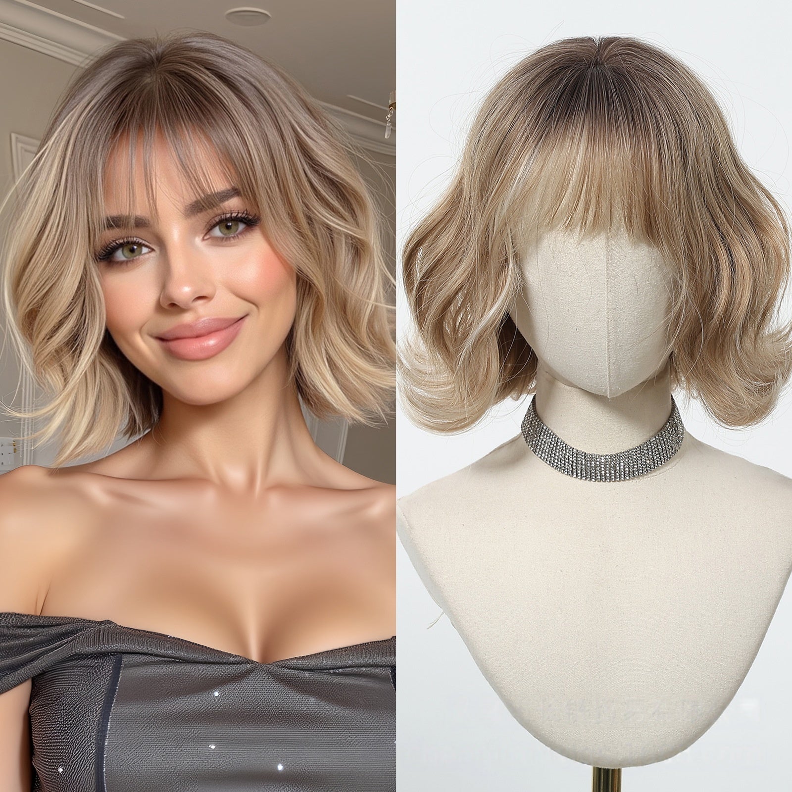 Wig Full-head Wig Bangs cheveux bouclés courts