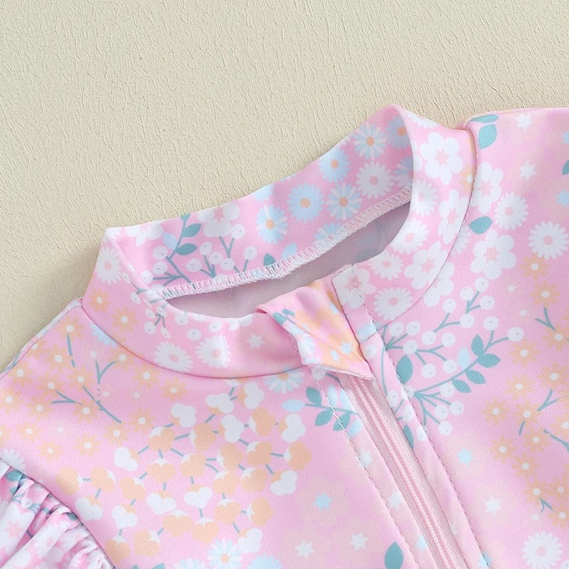 Bébé 9M-5Y Tout-petit Enfant Fille Maillot de bain Ruffle Floral Imprimer manches longues Zipper Swimwe