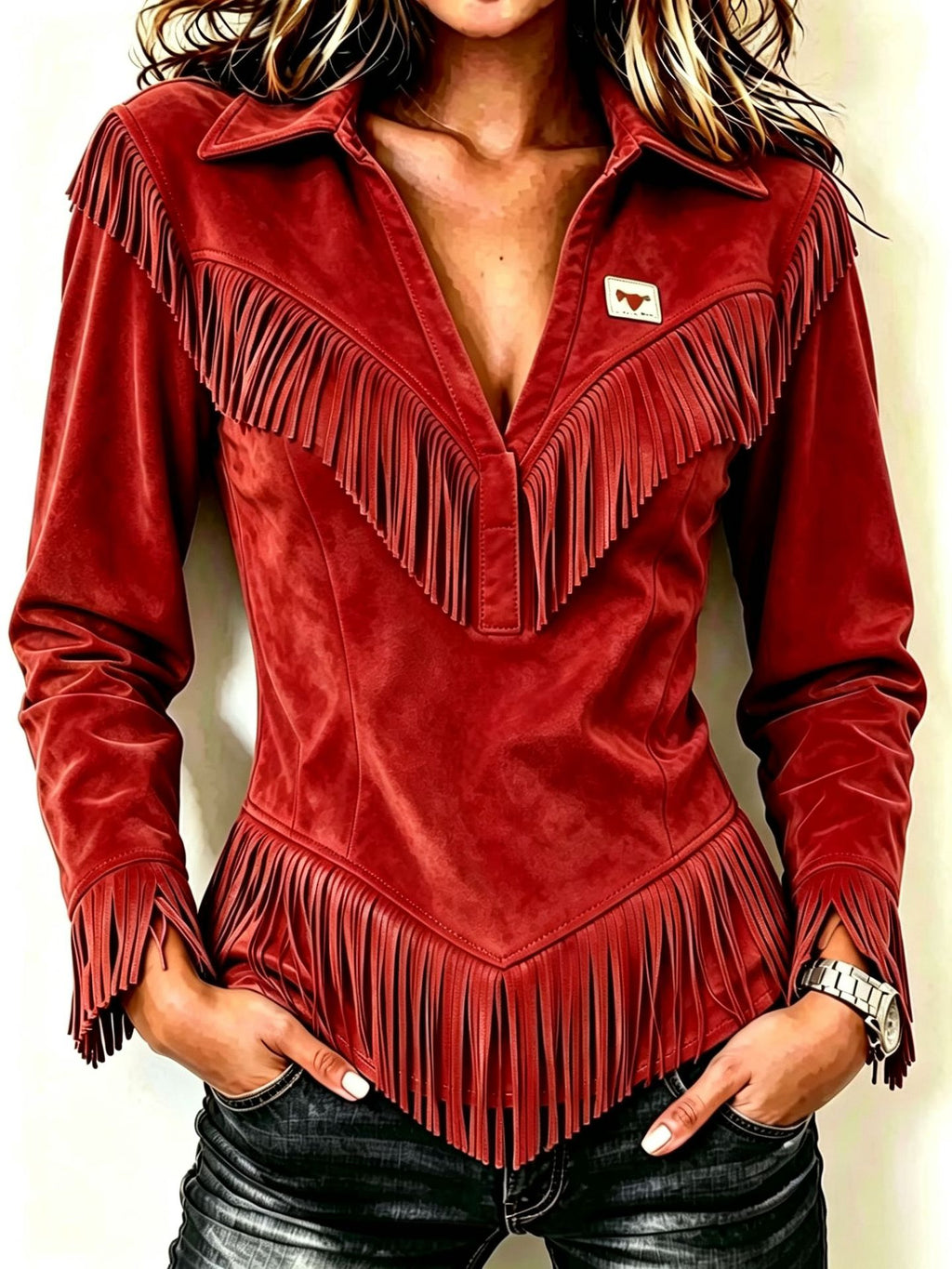 Deerskin Velvet Tassel Slim-fit chemise à manches longues