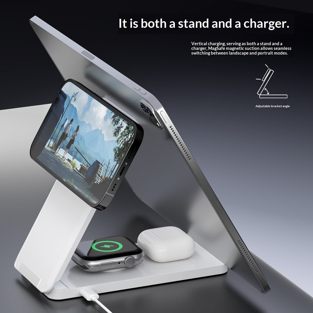 Support vertical portable multifonction pliable avec charge magnétique sans fil