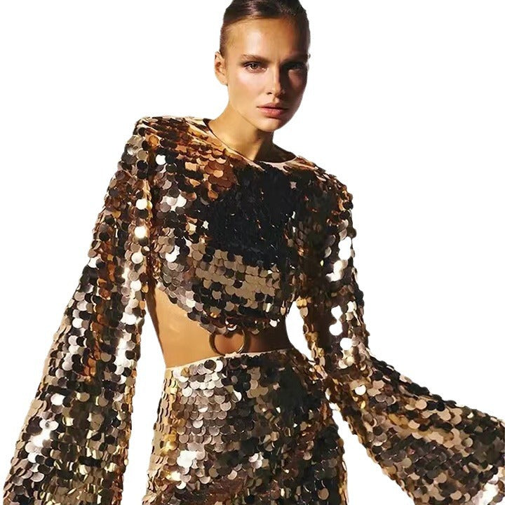 Douce et épicée manches longues femmes Col rond Sexy Grande robe de soirée à paillettes