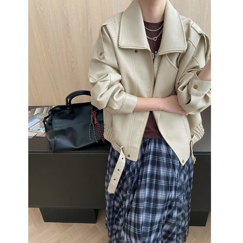 Veste en cuir Lapel Loose Biker style américain