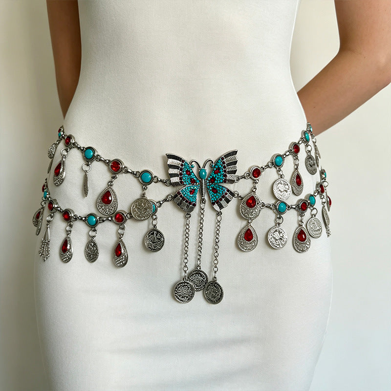 Retro Ethnic Style Butterfly Strass Waist Chain Avec Turquoise Coin Pendentif Tassel Bel