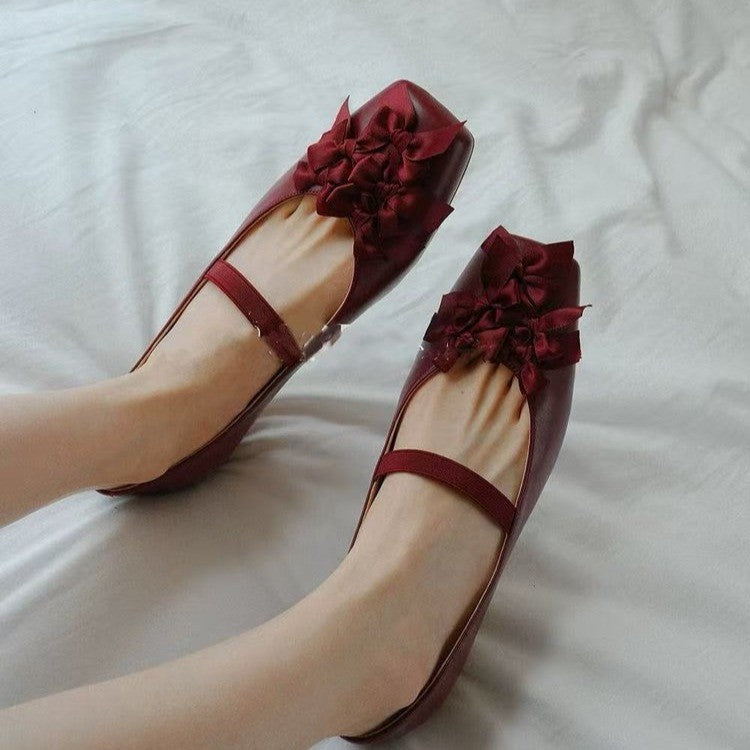 Femmes Français Bow Square Toe Mary Jane Chaussures Elegant Block Talon Soft Sole Low Cut Ballet Fl