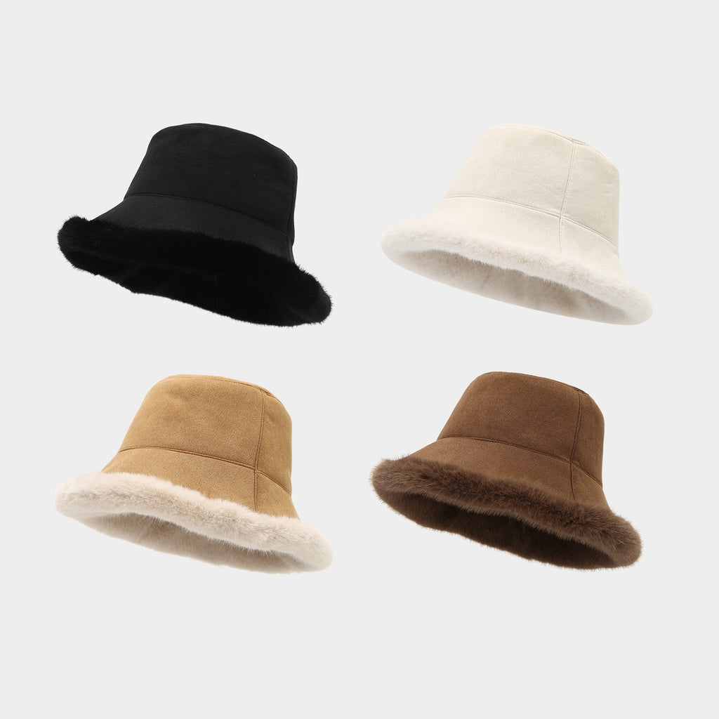 Chapeau de seau double-sidé Chapeau de pêcheur chaud en peluche épais pour femmes