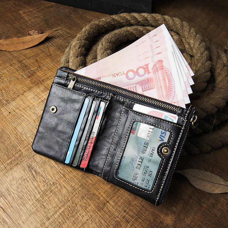 Portefeuille de fermeture éclair vertical en cuir véritable pour hommes