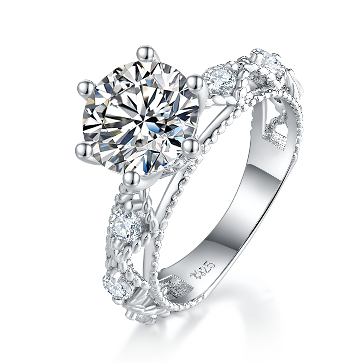 Anneau de fiançailles 6-Pong 2 Carat Round Moissanite
