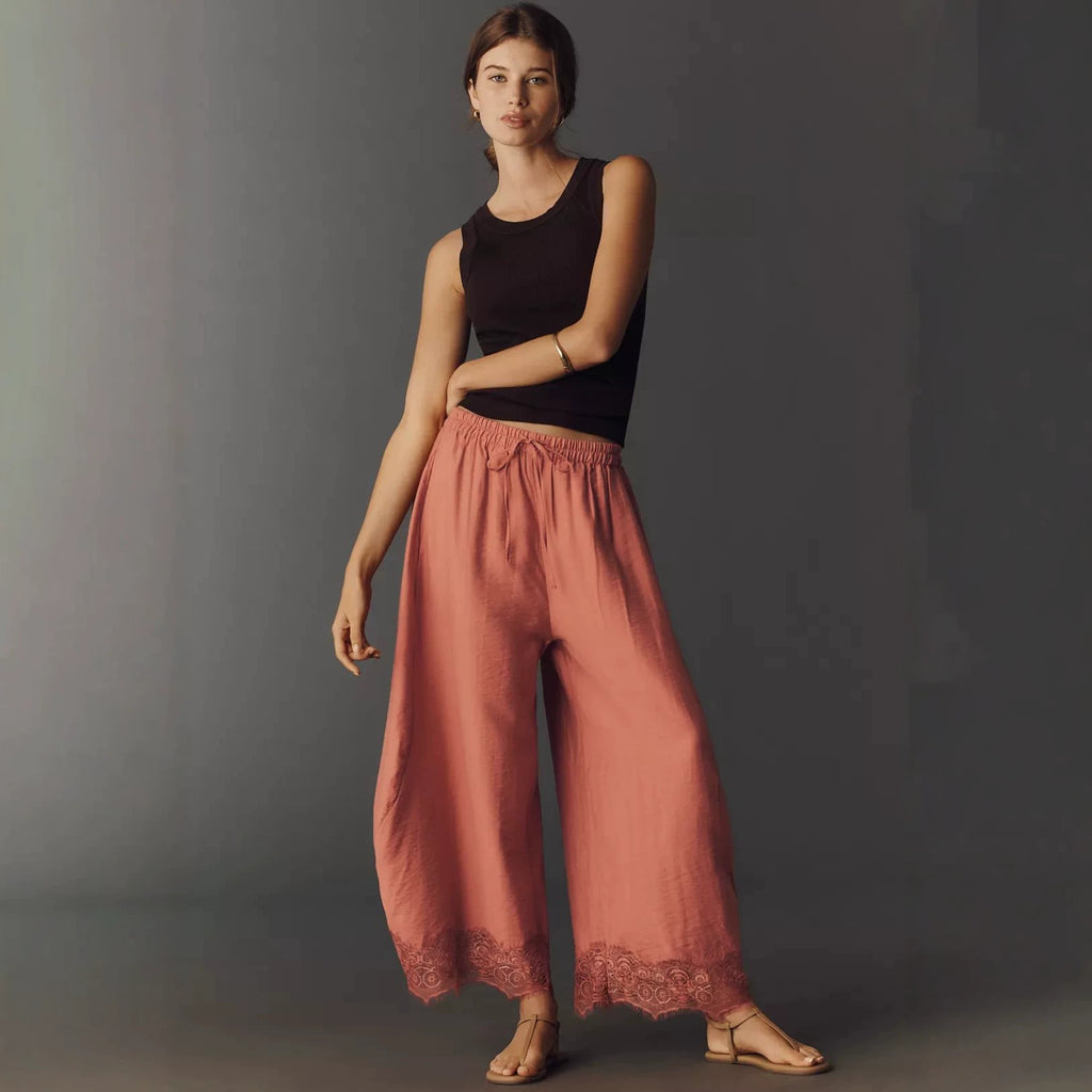 Women's Lace Paneled Wide-Leg Pants with a Burnt Hem