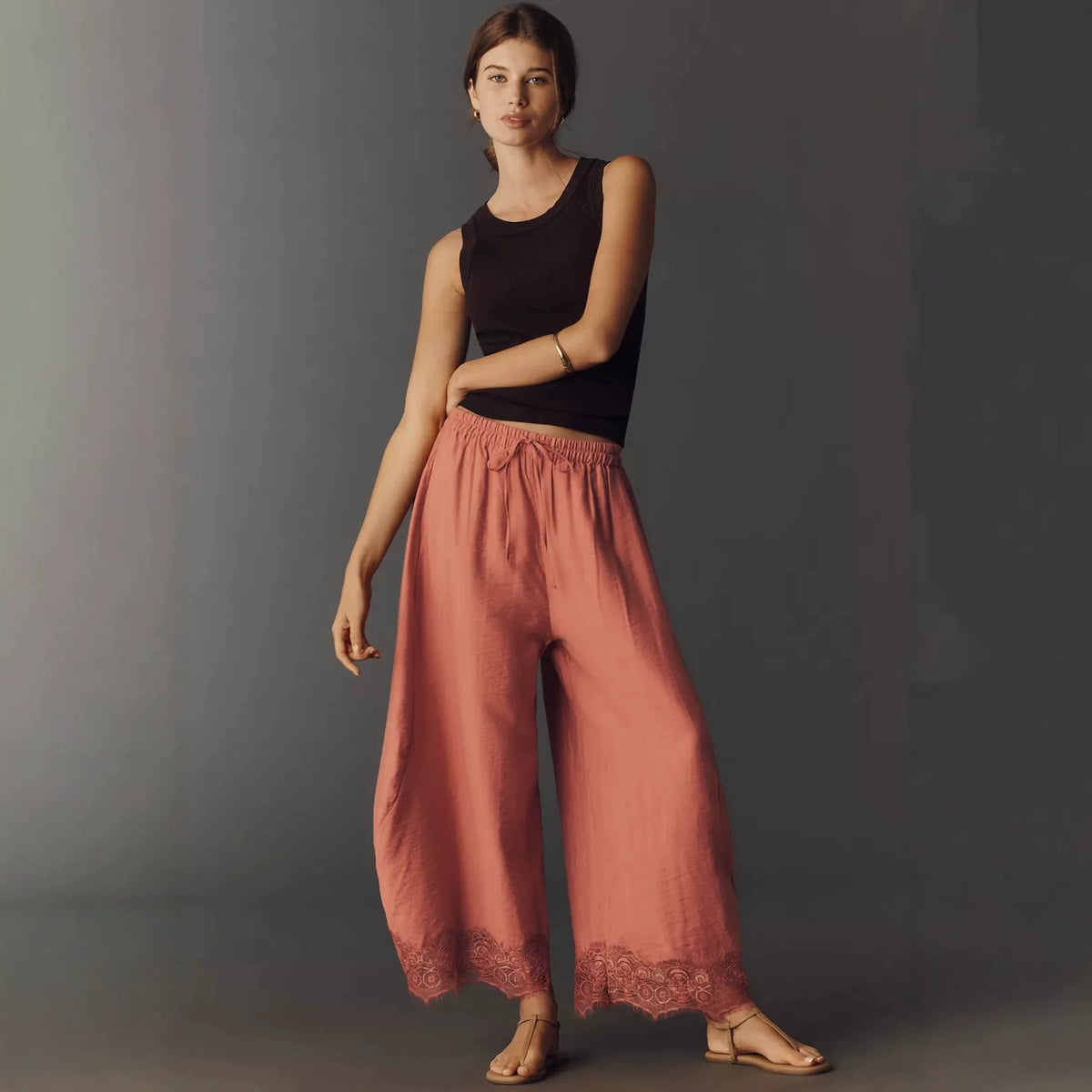 Women's Lace Paneled Wide-Leg Pants with a Burnt Hem