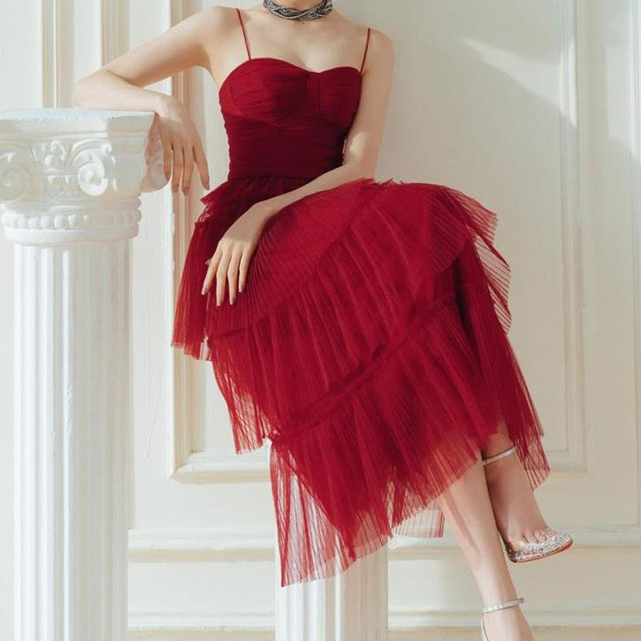 Suspender Étaler la poitrine Tempérament rouge foncé flottant petite robe longue jupe
