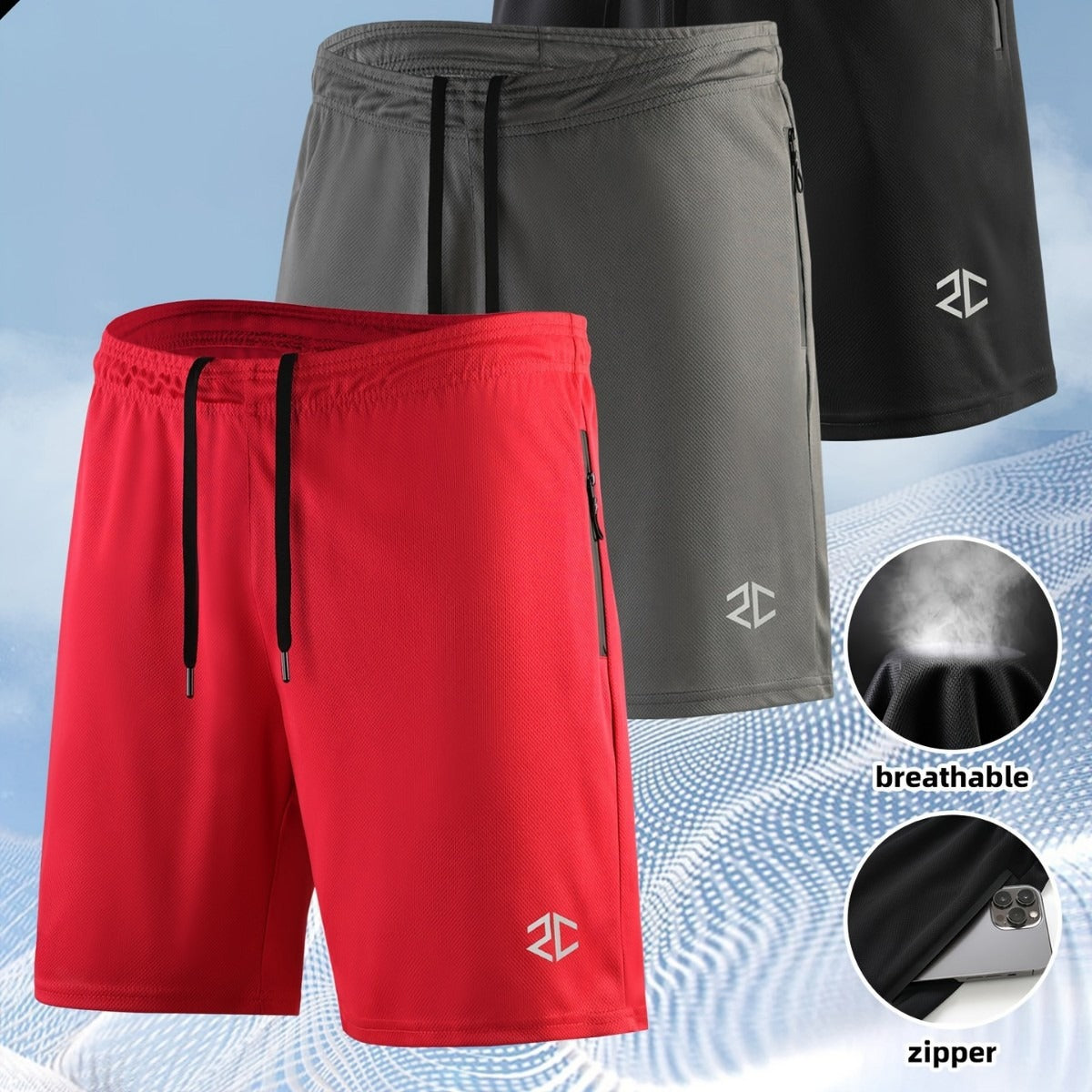 Short homme Mode Casual Séchage rapide Entraînement extérieur Poche à fermeture éclair à cinq points