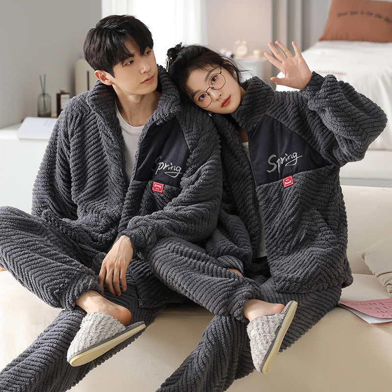 Couple Flannel Pyjamas hommes automne et hiver épais garder chaud zipper Cardigan mignon Co