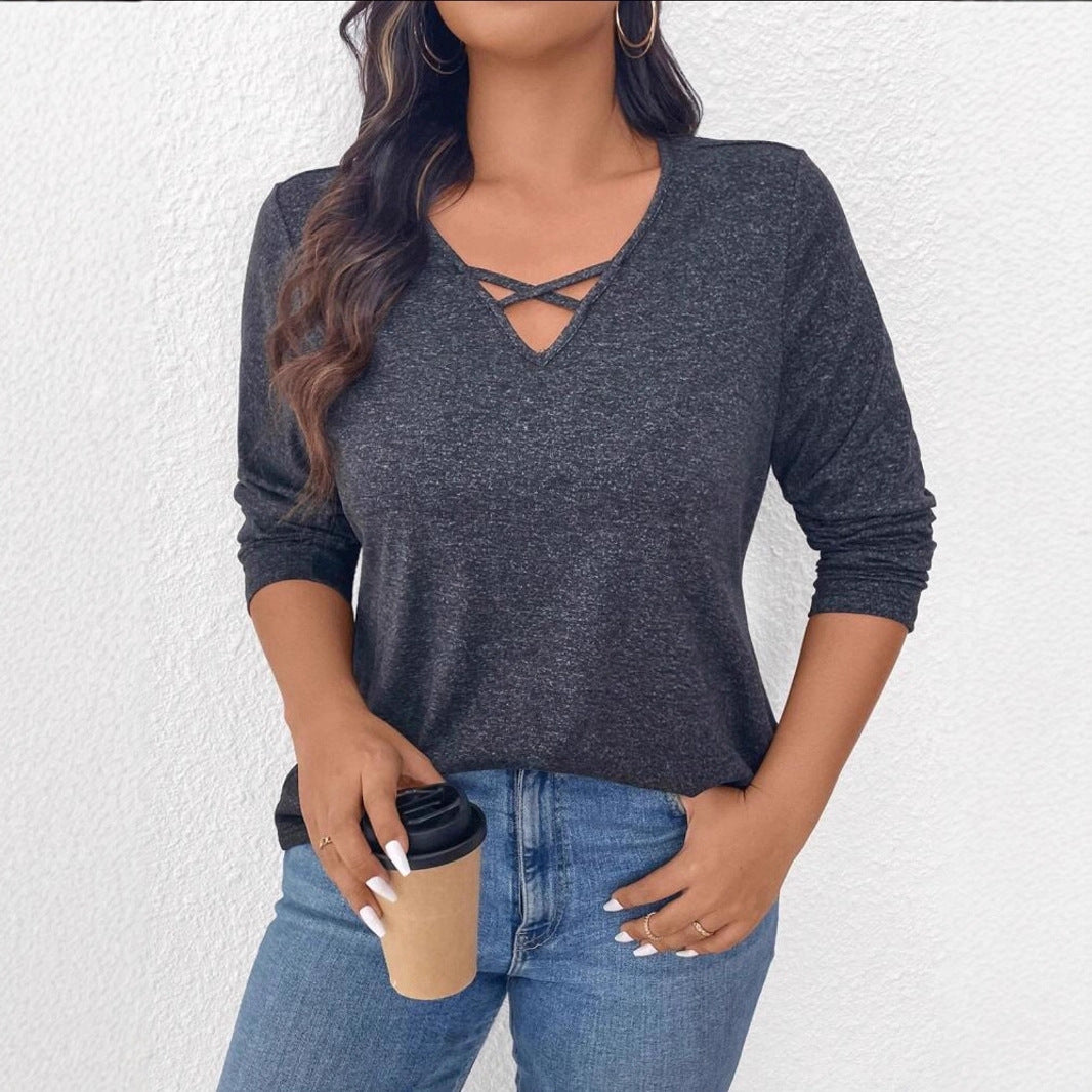 Top femme coton manches longues avec un col en V et un design croisé