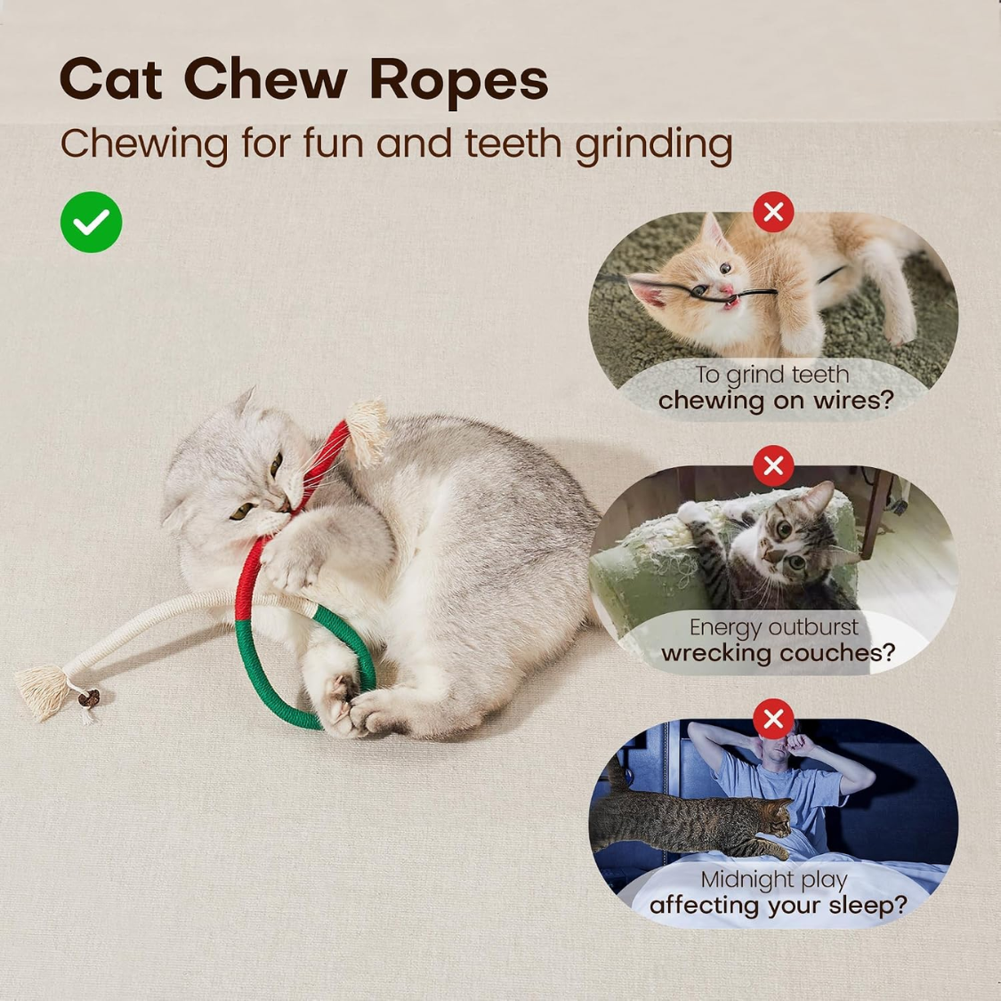 Jouets de chat Chew Ropes 3Pcs avec Catnip naturel rechargeable