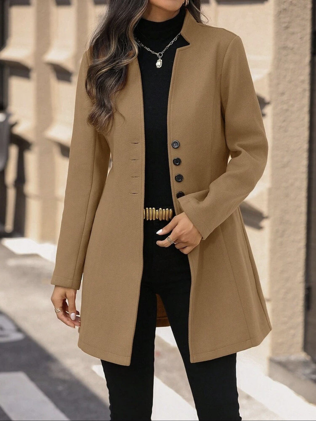 Élégante laine Stand-collar Trench Coat Style mi-long pour les femmes