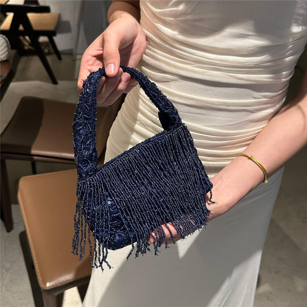 Style chinois Vintage Handmade Solid-black Perle Tassel Tote Bag