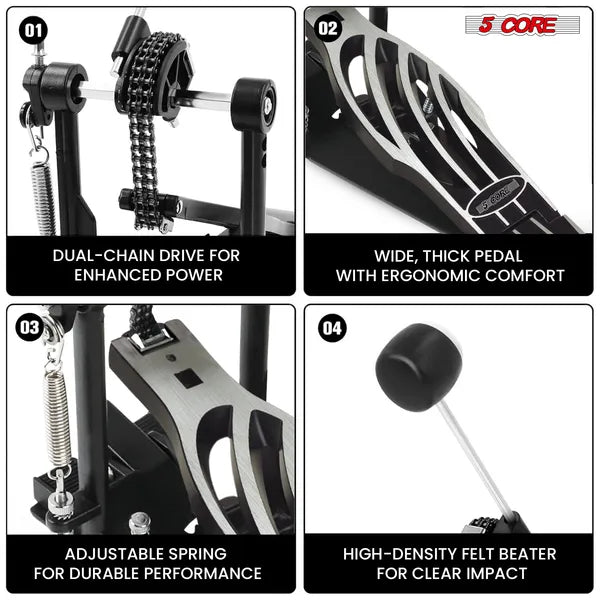 5 Core Bass Drum Pedal Mount Ajustable Felt Beater Head Single Chain HeavyDuty Kick Drum