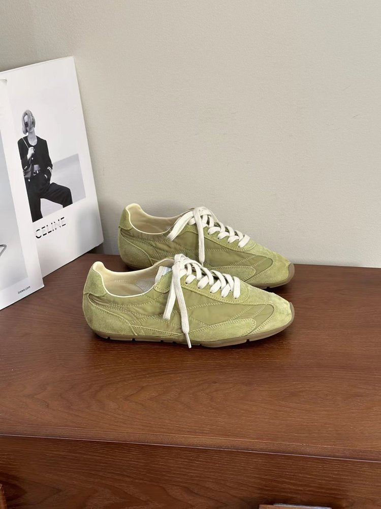 Femmes Retro Suede Dexter Sneakers Avocat panneau vert Splicing orteil rond plat Gum caoutchouc S
